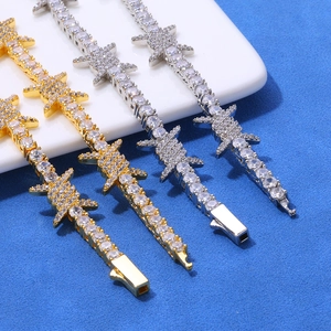Hip hop barbed wire tennis chain necklace and bracelet with gold and silver zircon inlay
