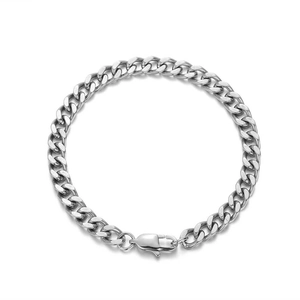 Close-up of polished stainless steel 6mm Cuban link bracelet with lobster clasp