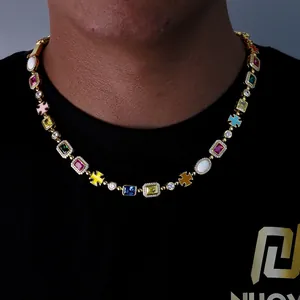 Collana hip hop da uomo in oro con pietre preziose multicolori e ciondoli a croce colorati