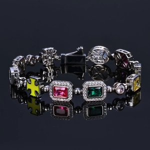 Luxueux Bracelet Hip Hop Croix Pierres Précieuses Colorées Cuivre Plaqué Or 18K Zirconium Opale Synthétique Bijoux Pour Homme Femme