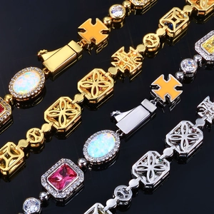 Ensemble de bracelets hip hop avec pierres précieuses colorées, plaqué or et argent