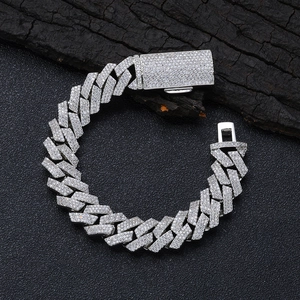 Men Hip Hop Cuban Link Bracelet Wide Pave Zirconia Copper Rhombus Three Row Chain Jewelry For Streetwear Party