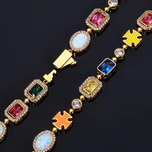 Bracelet hip hop doré avec gemmes colorées, opales et croix en émail pour hommes et femmes