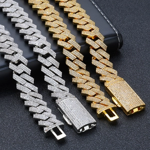 Hip-hop style 16mm iced-out rhombic Cuban link necklace and bracelet in gold and silver