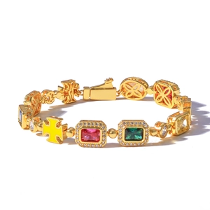Bracelet hip-hop luxueux plaqué or avec pierres précieuses et croix en zircone