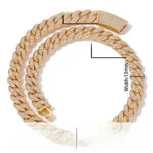Detail view of 13mm gold plated cuban link chain featuring handset cubic zirconia stones