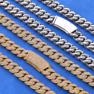 Men's 13mm silver and gold plated Cuban link necklaces with moissanite pave settings
