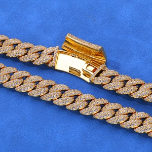 Hip hop 13mm Moissanite Cuban link bracelet in gold finish with iced out cubic zirconia stones