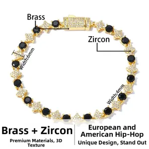 Dettaglio bracciale tennis 6mm in rame con zirconi a stella e pietre preziose nere