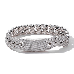 Hip hop style 13mm silver Cuban link bracelet with double row cubic zirconia for men