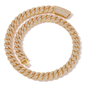 Detail of 13mm gold plated Cuban chain with micro-paved white zircons and square clasp
