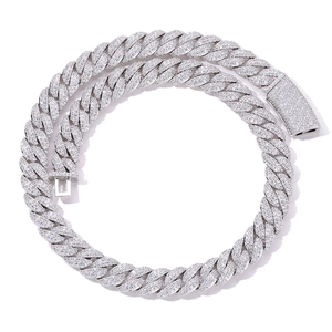 Detailed close-up of 13mm S925 silver Cuban link chain with micro-paved moissanite stones