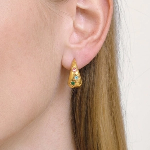 Vintage French Retro Geometric U Shaped Hoop Earrings With Star Inset Colorful Zircon 18K Gold Plated Stainless Steel