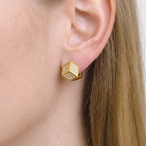 Geometric Cube Huggie Earrings Stainless Steel Gold Plated Cubic Zirconia Waterproof Hypoallergenic For Women