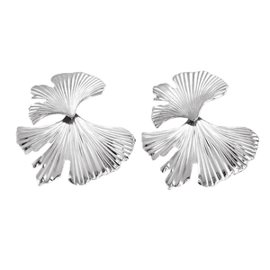 Detailed close-up of silver ginkgo leaf earrings with layered metal texture and veins