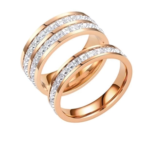 Rose gold stainless steel couple ring set with cubic zirconia starry sky design