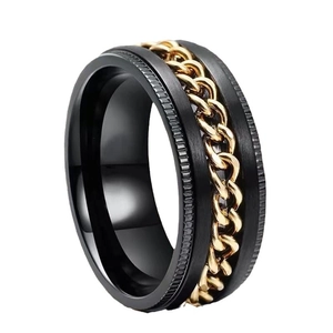 Stainless steel spinner ring for men, black band with gold chain inlay, rotatable design