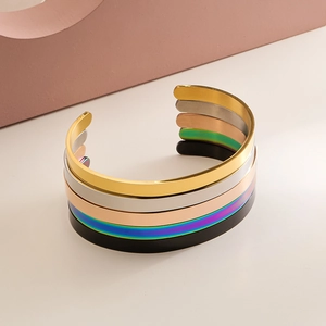 Close-up detail of high-quality 6mm multi-color stainless steel open cuff bracelets for women