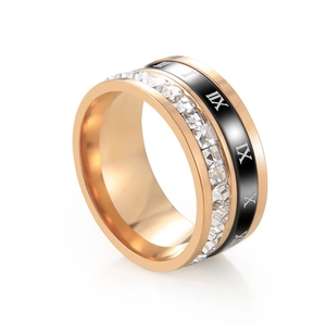 Bague rotante de luxe en acier titane rose gold avec chiffres romains et cristaux