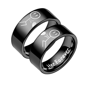 Black stainless steel couple rings with Her Forever stick figure engraving detail