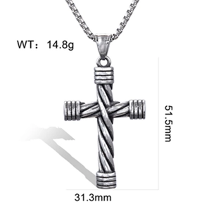 Detail view showing dimensions of woven texture stainless steel cross pendant necklace