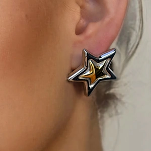 Boucles d'Oreilles Clous Étoile en Acier Inoxydable pour Femmes Effet 3D Bicolore Plaqué Or Argent Géométrique Bijoux de Mode