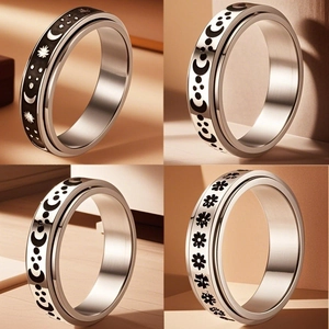 Edelstahl Spinner Ring Für Angstabbau Vintage Stern Mond Muster Rotierender Bandring Unisex Meditation Schmuck Stressabbau Geschenk