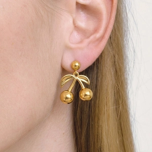Exquisite 18K gold cherry earrings for women with minimalist metallic glossy finish