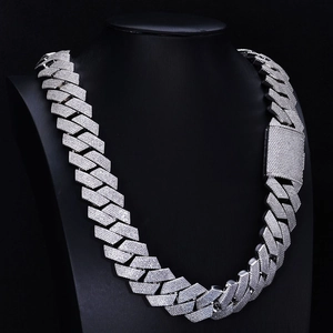 Detail of s925 silver cuban link necklace with iced-out diamonds and large box clasp
