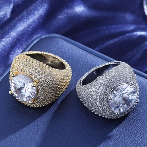 Luxury Hip Hop Men Iced Out Copper Ring With Large Round Zirconia Micro Pave Gold Silver Color Bling Jewelry Party Gift