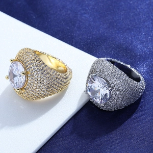 Iced out hip hop rings in gold and silver finish with large round center zircon stones
