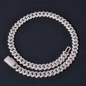 Mens 15mm hip hop cuban link necklace with four rows of sparkling white zircon stones
