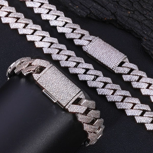 15mm silver iced out Cuban link chain necklace and bracelet set with rectangle diamond clasp