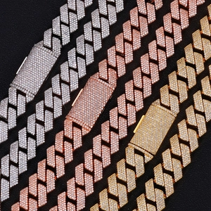 Iced-out 15mm Cuban link chain necklaces in gold, silver, and rose gold with pave zircons