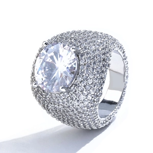 Luxurious hip-hop silver ring for men featuring a large round zircon and full pave setting
