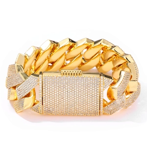Hip-hop 26mm gold plated Cuban link bracelet with six rows of sparkling zircons
