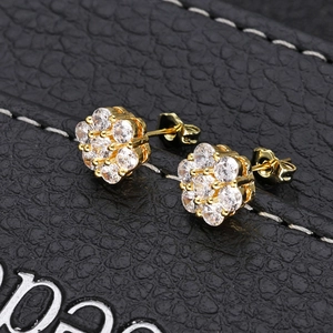 Hip hop style gold flower stud earrings for men featuring brilliant round zircon stones