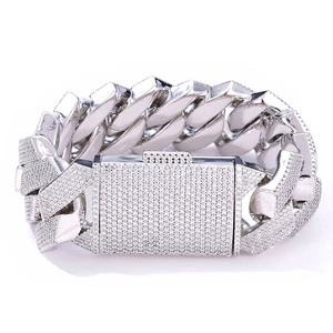 Silver-plated Cuban link bracelet for men with six rows of sparkling white zircons
