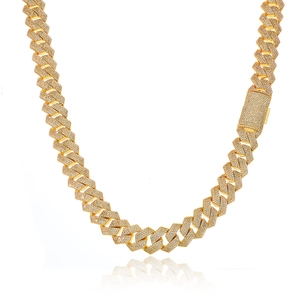 Hip hop 15mm gold Cuban link necklace with iced out rhinestones and square clasp