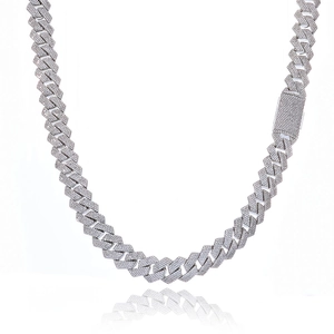 Close-up of 15mm silver Cuban link chain with paved zircons and square iced out buckle