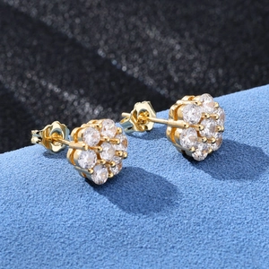 S925 silver moissanite flower stud earrings with golden finish and clear round stones
