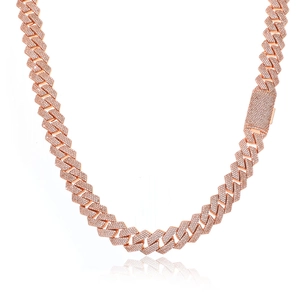 Men's 15mm rose gold Cuban link necklace with iced out rhinestones and square box clasp