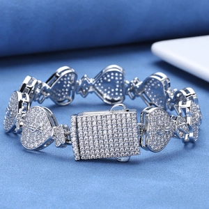 Bracelet cubain 15mm à maillons cœur argenté style hip-hop avec signe dollar et zircons