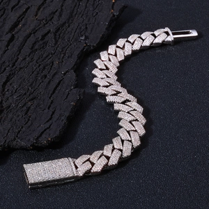 Close-up of 15mm silver cuban link bracelet with full iced out white cubic zirconia stones