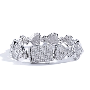 Bracelet cubain 15mm hip hop avec maillons coeur signe dollar et cristaux brillants