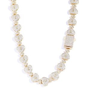 Chaîne cubaine dorée 15mm avec pendentifs cœur signe dollar et zircons style hip-hop homme