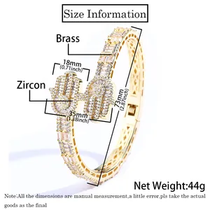 Size guide for Hamsa Hand brass cuff with zircon inlay showing dimensions and weight info