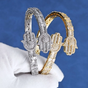 Hamsa Hand S925 silver and moissanite open bangle in silver and gold finishes