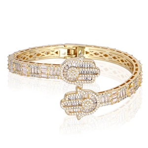 Iced out Hamsa Hand bangle with pave-set cubic zirconia in premium gold finish
