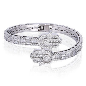 Detailed view of silver Hamsa Hand bangle featuring micro-pave cubic zirconia settings
